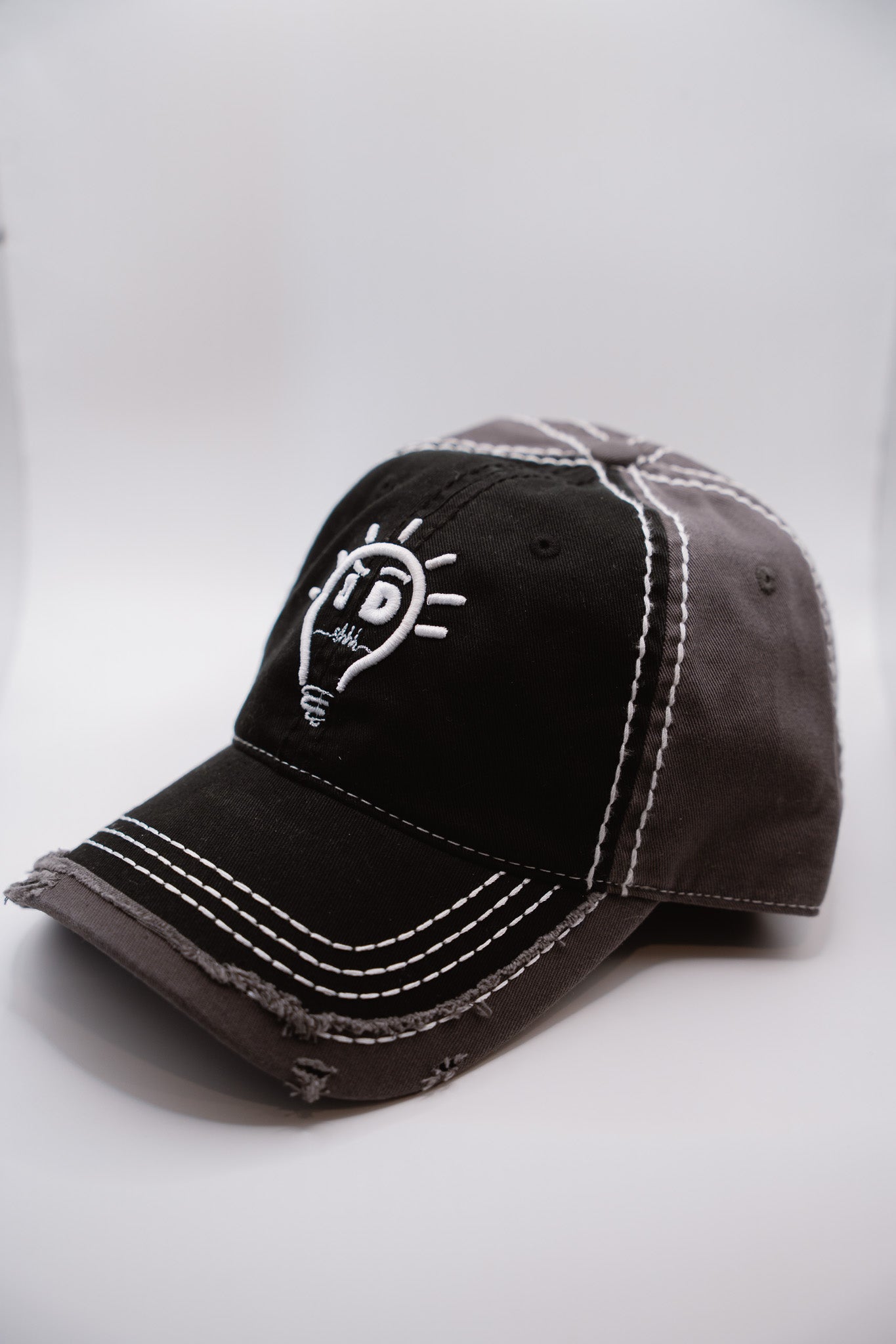 Dad Hat - Gray & Black w/ White Logo and Brim Stitching (washed cotton/distressed trim)