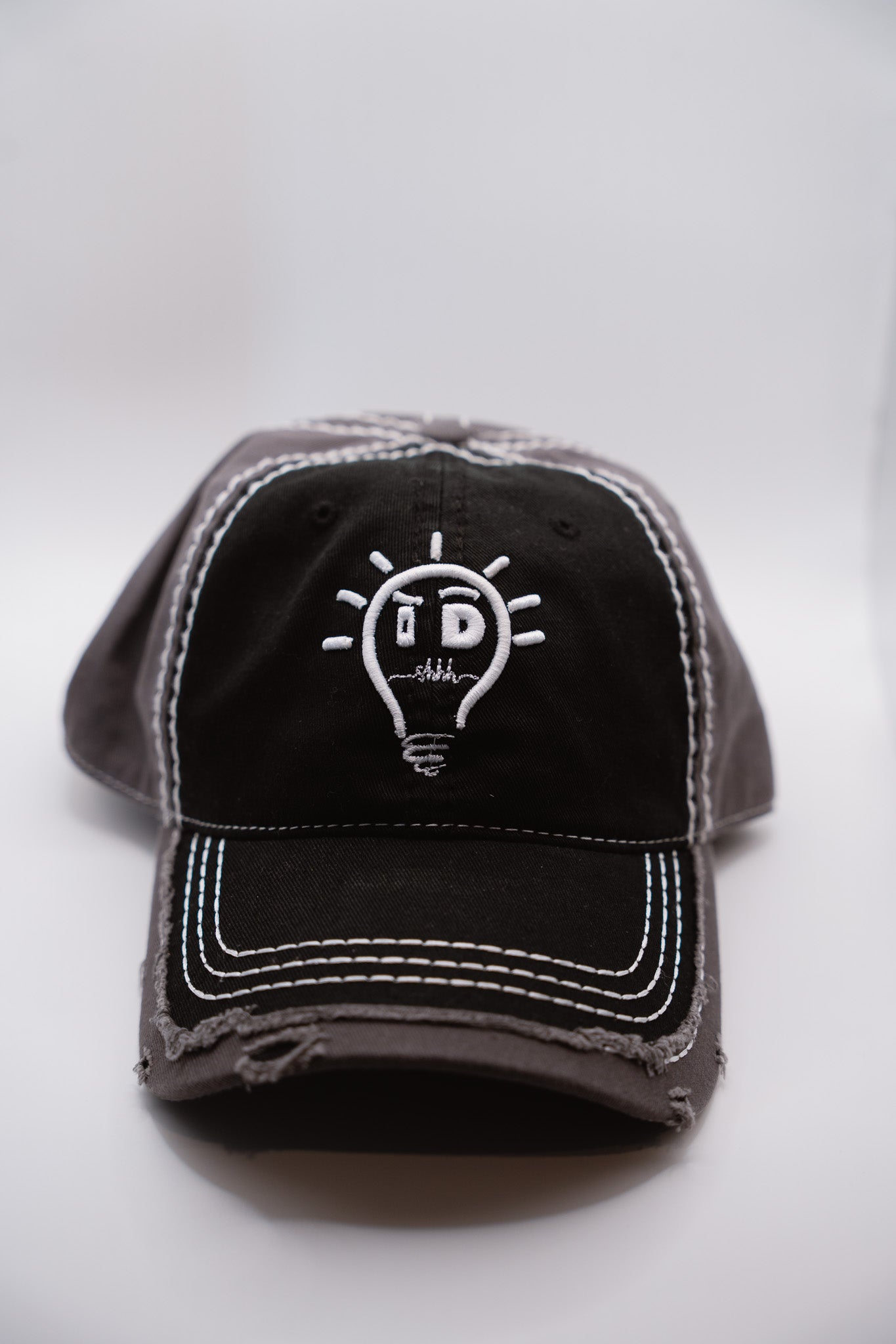 Dad Hat - Gray & Black w/ White Logo and Brim Stitching (washed cotton/distressed trim)