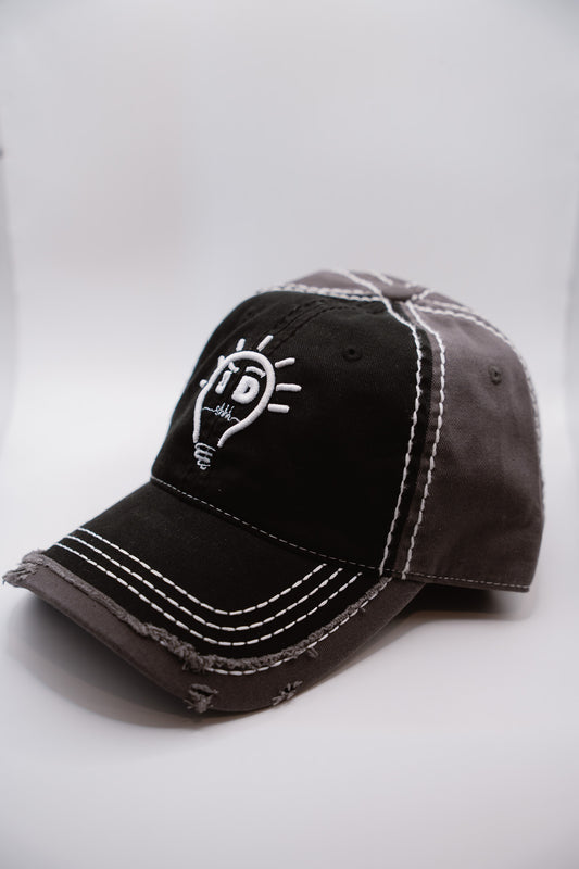 Dad Hat - Gray & Black w/ White Logo and Brim Stitching (washed cotton/distressed trim)