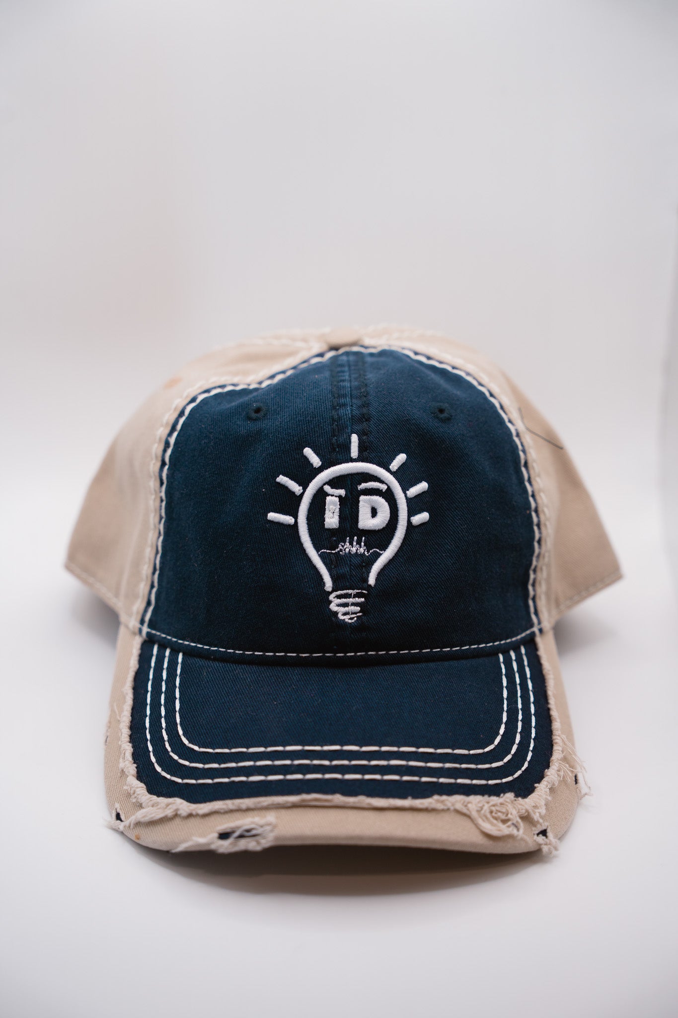 Dad Hat - Khaki & Navy Blue w/ White Logo and Brim Stitching (washed cotton/distressed trim)