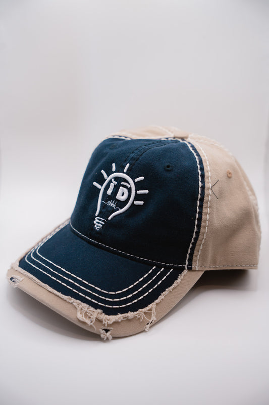 Dad Hat - Khaki & Navy Blue w/ White Logo and Brim Stitching (washed cotton/distressed trim)